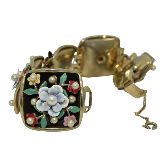 Vintage Bracelet Earrings Set Enamel Flowers Faux Pearls by Alice Jewelry Co - Picture 6 of 10